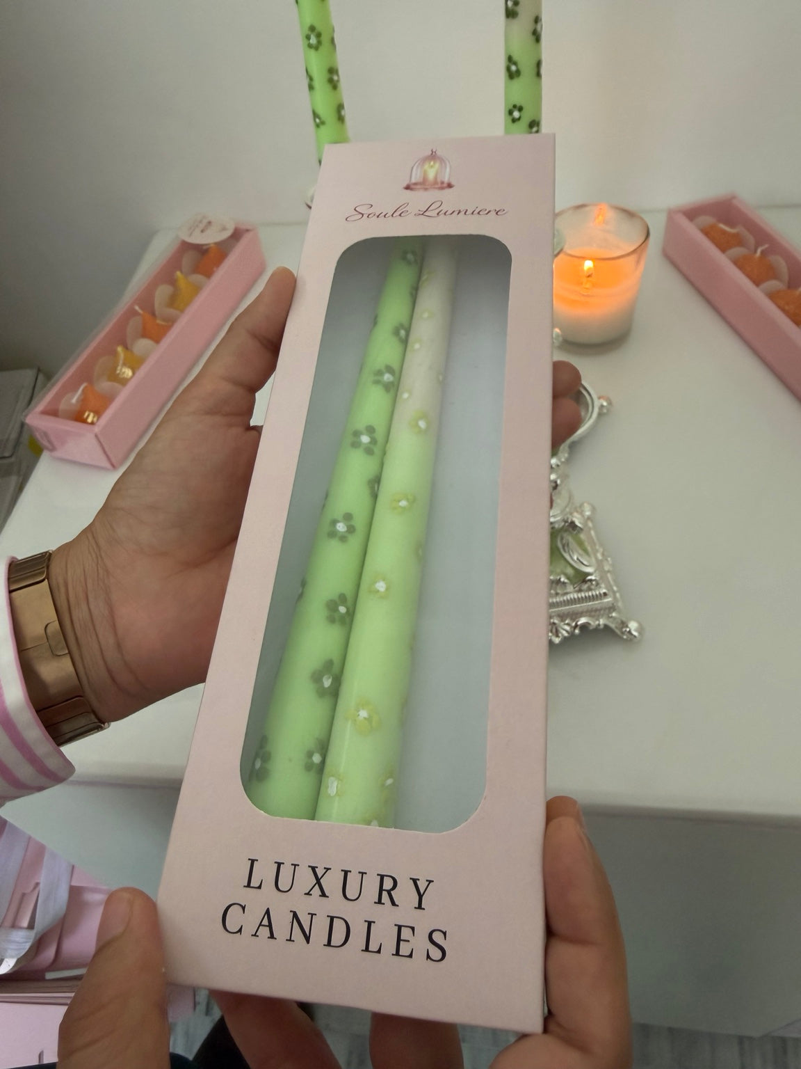 Soule Lumiere Lumiere Column Candle styled in pink